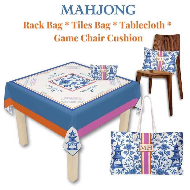 Mahjong Tile Bag | Monogrammed Mahjongg Tiles Storage Pouch Chinoiserie Polyester Carryall Pagoda Print image 10