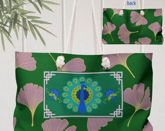 Mahjong Tote Bag Peacock Pink Ginkgo Chinoiserie Mahjongg Game Mah Jongg Lovers Gift