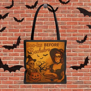 Vintage Halloween PinUp Tote Bag Books Before Bachelors Gift for Book Club Lovers Readers Halloween Gift Ideas Witchy Satchel Skeleton Books