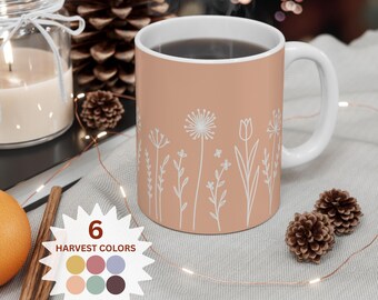 Peach Floral Coffee Boho Chic Mug: Cottage Core 11oz Tea Cup, Plant Lover Housewarming