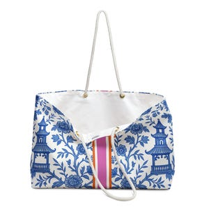 Mahjong Game Tote Bag | Monogram Mahjongg Rack Carryall Chinoiserie Mah Jongg Gift Pagodas Print image 6