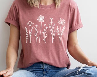 Camiseta con arte lineal botánico: Camiseta minimalista con gráfico de flores silvestres