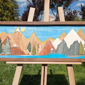 Mountain Landscape, Mountains Wooden Wall Art for Living Room, 3D Layered Wood Wall Decor, Mountain Scape Colorful Painting, Minimalist Art
