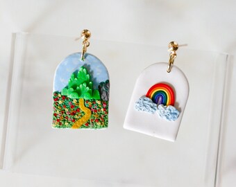 Emerald City, Kansas, Wizard, Rainbow , Movie Inspired Earrings , Clip on or Regular Backing, Polymer Clay Earrings , Made To Order