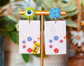 Monster Friends, Cute Door, Movie Inspired Earrings , Clip on or Regular Backing, Polymer Clay Earrings , Made To Order