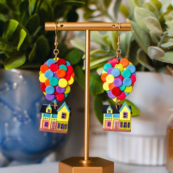 Paradise Falls , Balloon House , Movie Inspired Earrings , Clip on or Regular Backing, Polymer Clay Earrings , Made To Order