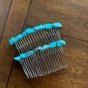 Silver and turquoise chip hair comb set of 2