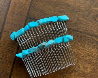 Silver and turquoise chip hair comb set of 2