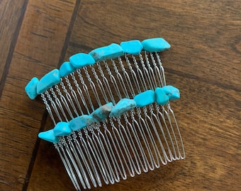 Silver and turquoise chip hair comb set of 2