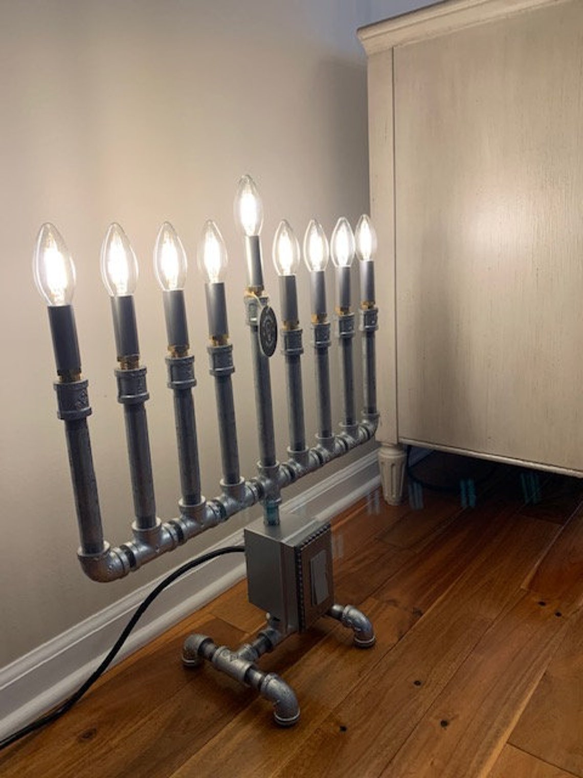 Steampunk Pipe Menorah with dimmer and LED bulbs Etsy