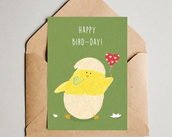 Birth Card Baby, Birthday Card for Children, Children's Birthday Card, Chick Greeting Cards, Bird Birthday Card, Happy Bird Day Card