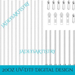 May include: A collection of silver zippers and zipper coils, with several zipper pulls. The image also includes the text "JADEYSARTISTRY" and "20OZ UV-DTF DIGITAL DESIGN" in a teal banner.