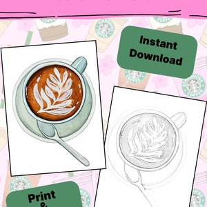 May include: A printable coloring page featuring a cup of coffee with latte art. The image is in color on the left and in black and white on the right. The text "Coffee Lovers Coloring Pages" is at the top of the page. The text "Print & Color" is in a green box at the bottom left of the page. The text "Instant Download" is in a green box at the top right of the page.