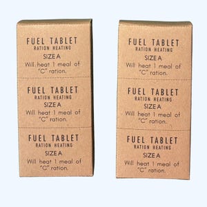 Cajas de pastillas de combustible, réplicas del ejército estadounidense para recreaciones de soldados estadounidenses, cajas de réplicas de utilería cinematográfica para rellenar los bolsillos de la Segunda Guerra Mundial.