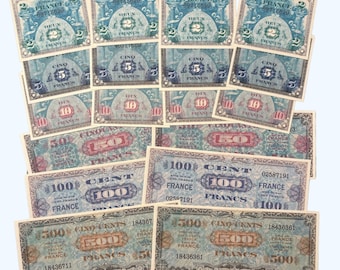 May include: A collection of vintage French banknotes in various denominations, including 2, 5, 10, 50, 100, and 500 francs. The banknotes are in various states of wear and tear, with some showing signs of fading and creasing. The banknotes are arranged in a random order, with some overlapping each other.