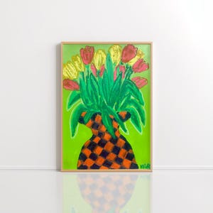 Tulipani, dipinto a olio con pastelli, opera d'arte originale dipinta a mano su carta a grana naturale da 240 g