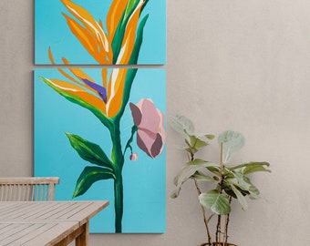 Bird Of Paradise Flower, hand painted Acrylic on canvas 80x200,Signed Strelitzia Art wall, Ready to hang