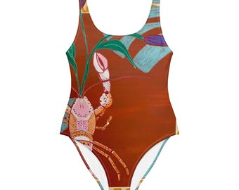 One-Piece Swimsuit Lucky Lobster, colourful art print swimwear