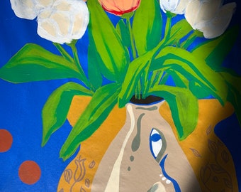 Origineel blauw schilderij 60x60, als je tegen me praat, abstracte bloemenvaas, handgeschilderde kunstmuur, canvas opgerolde kunst