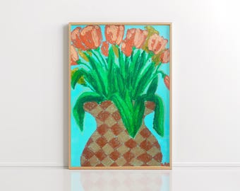 Tulips Oil pastels painting, original hand painted art on 240 g Natural Grain paper
