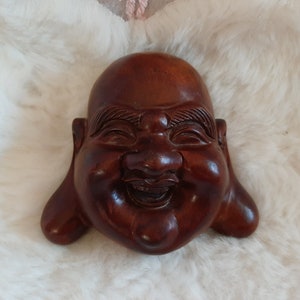 Vintage Oriental Japan Buda Head Mahogany Wood Carving Wall Hanging 4.25&quot; Tall