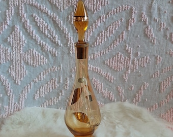 Vintage Mid Century Bohemia Crystal Gold Painted Etched Flower Decanter 12" Tall