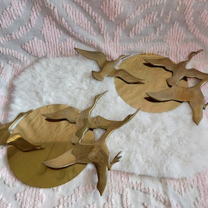 Vintage MCM Solid Brass Geese Duck Flying by the Copper Sun View Wall Haing Decoration Pair of Set
