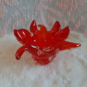 Vintage Italy Murano Red Flame Shaped Large Glass Bowl 8&quot; Length