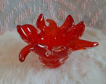 ヴィンテージ イタリア ムラーノ レッド 炎型 大型ガラスボウル 長さ8