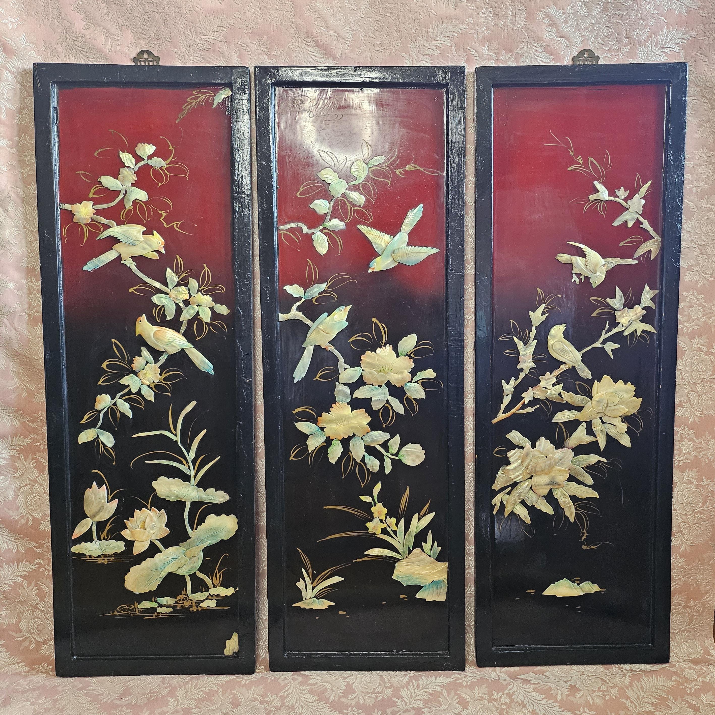 Vintage Mid Century Asian Black Red Lacquer and Mother of Pearl