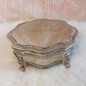 Vintage Silver Plated Lion Head Footed Metal Trinket Box With Red Velvet Lining Signed 'Maureen'