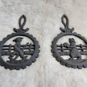 Vintage Iron Cast Trivet Pot Holder Farm House Couple Set of 2 Kitchen and Dining Wall Art
