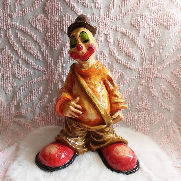 Figurine de clown peinte à la main vintage en papier mâché, décoration 16" de haut fabriquée au Mexique signée