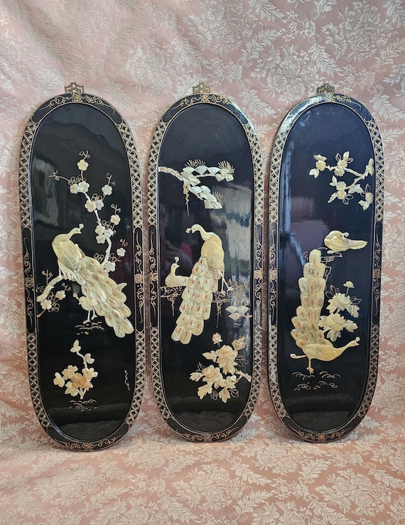 Vintage Mid Century Oriental Ivory Mother of Pearl Peacock Three