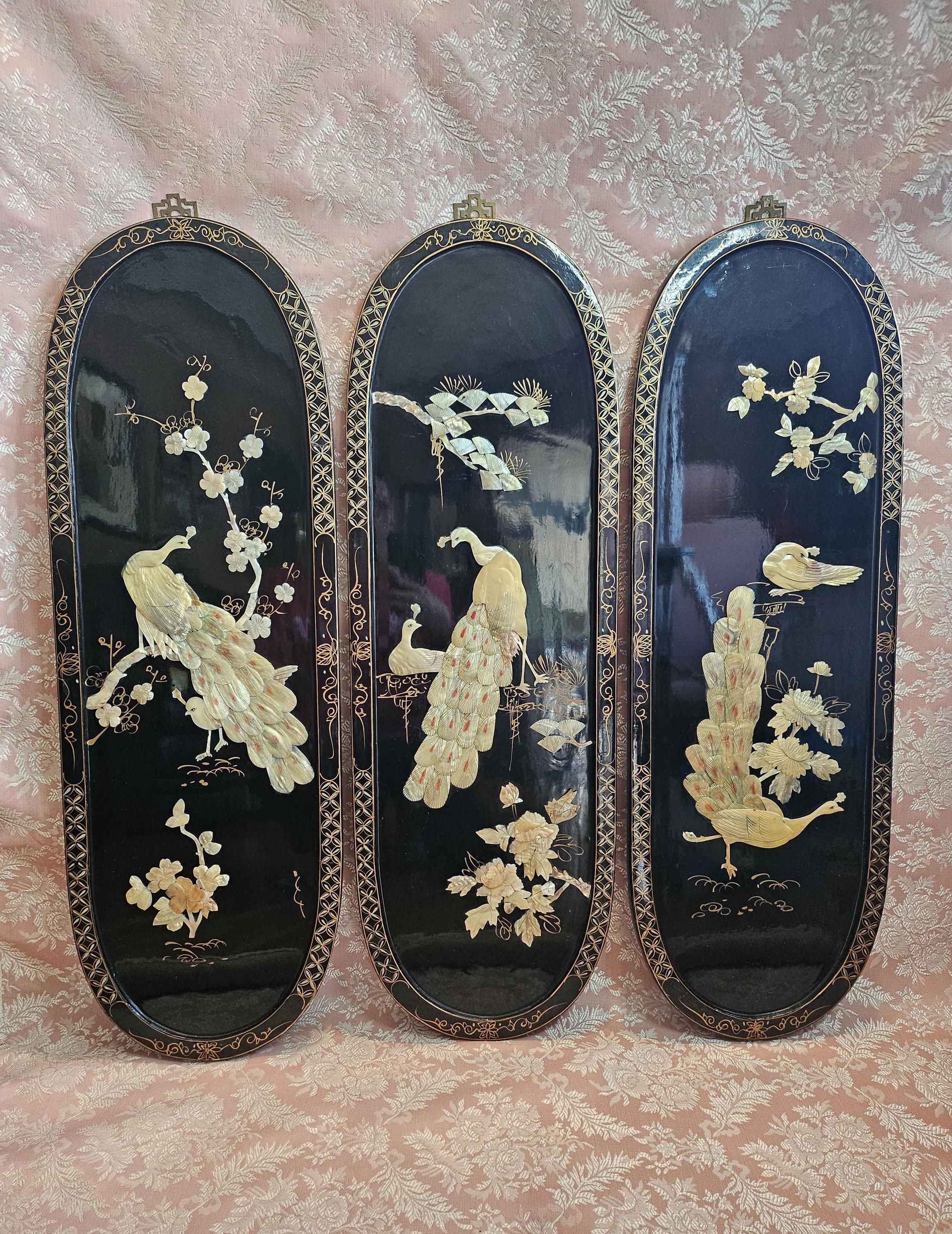 Vintage Mid Century Oriental Ivory Mother of Pearl Peacock Three