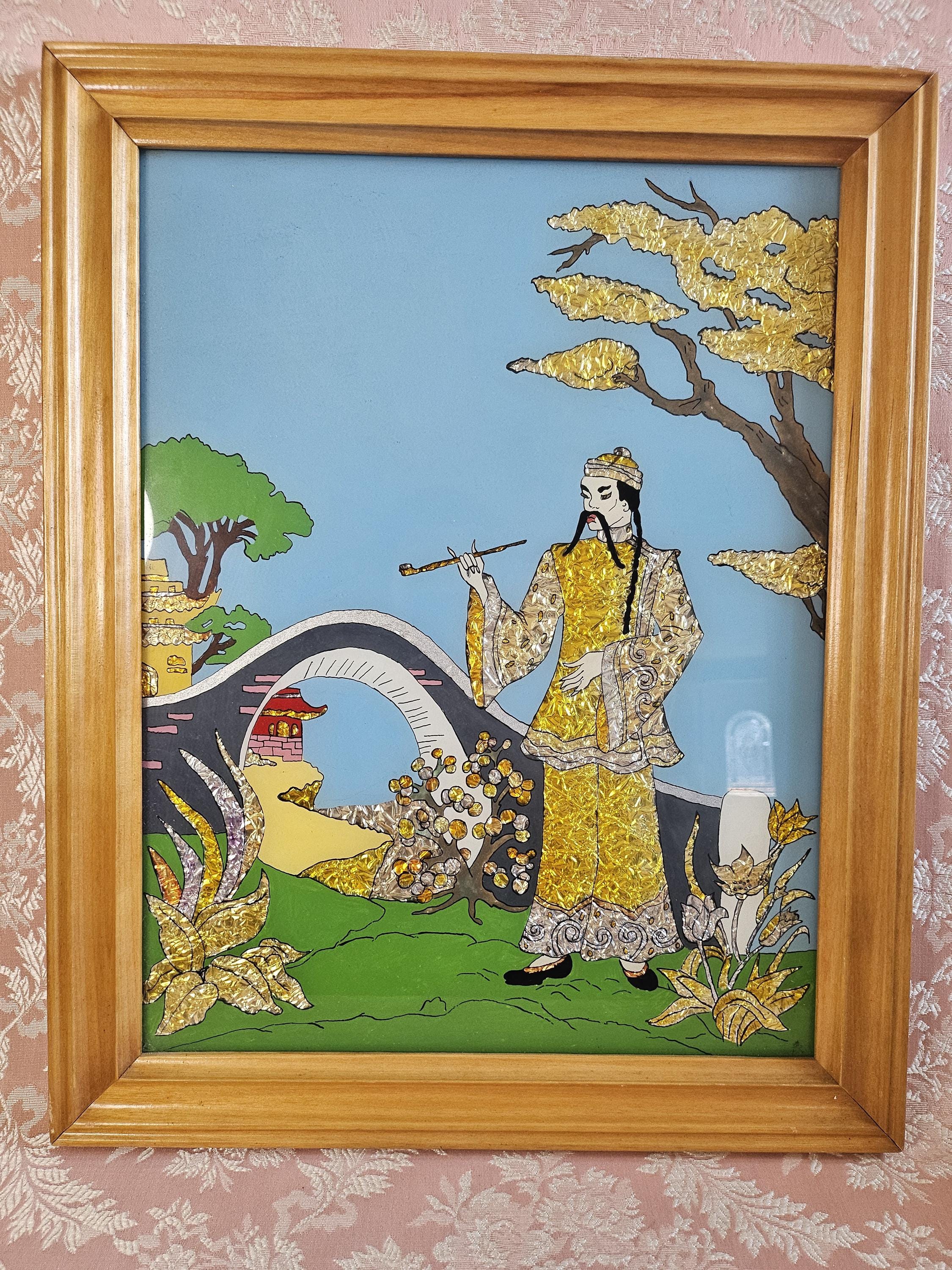 Vintage China Oriental Gold & Silver Leaf Foil Framed Paintings 21