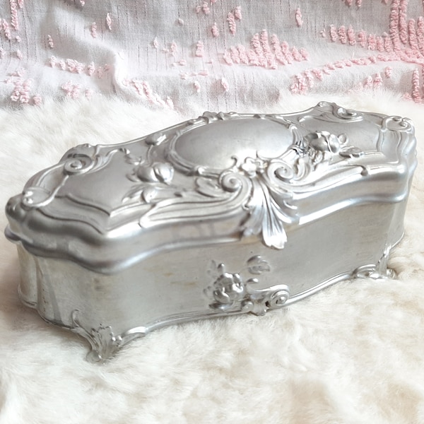 Vintage 20s Art Nouveau Pewter Jewelry Caskets by W.B. Mfg. Co./Weidlich Bros. 7" x 3" Made in Italy