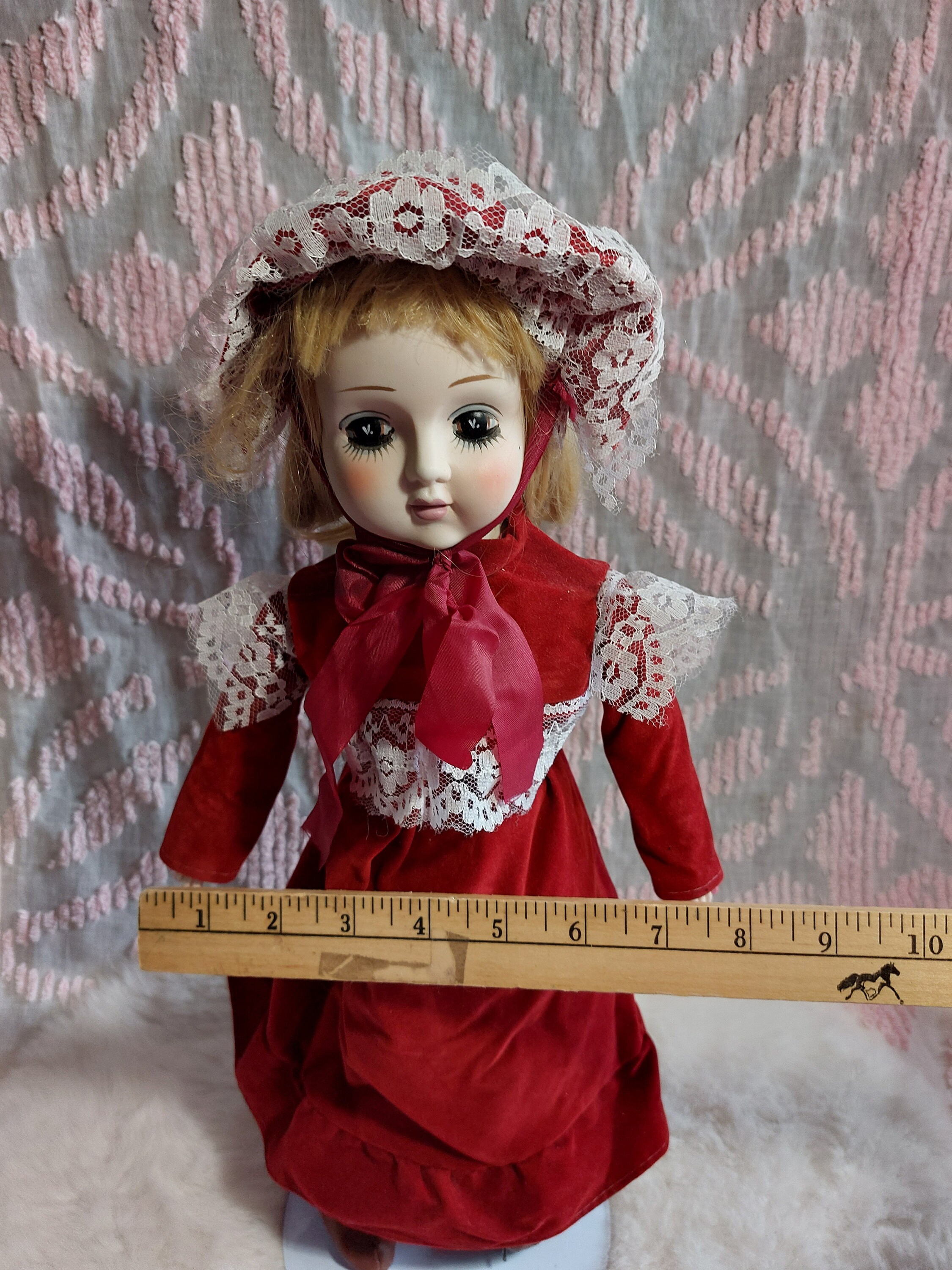 porcelain doll red velvet dress Vintage 8" & Bonnet W/ Lace Collectible Porcelain Doll, The Angelina