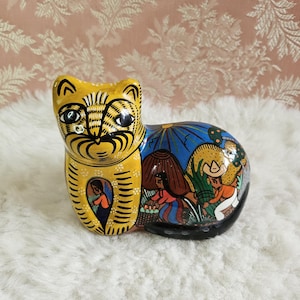 Figura de gato de cerámica multicolor de Talavera, arte popular mexicano pintado a mano