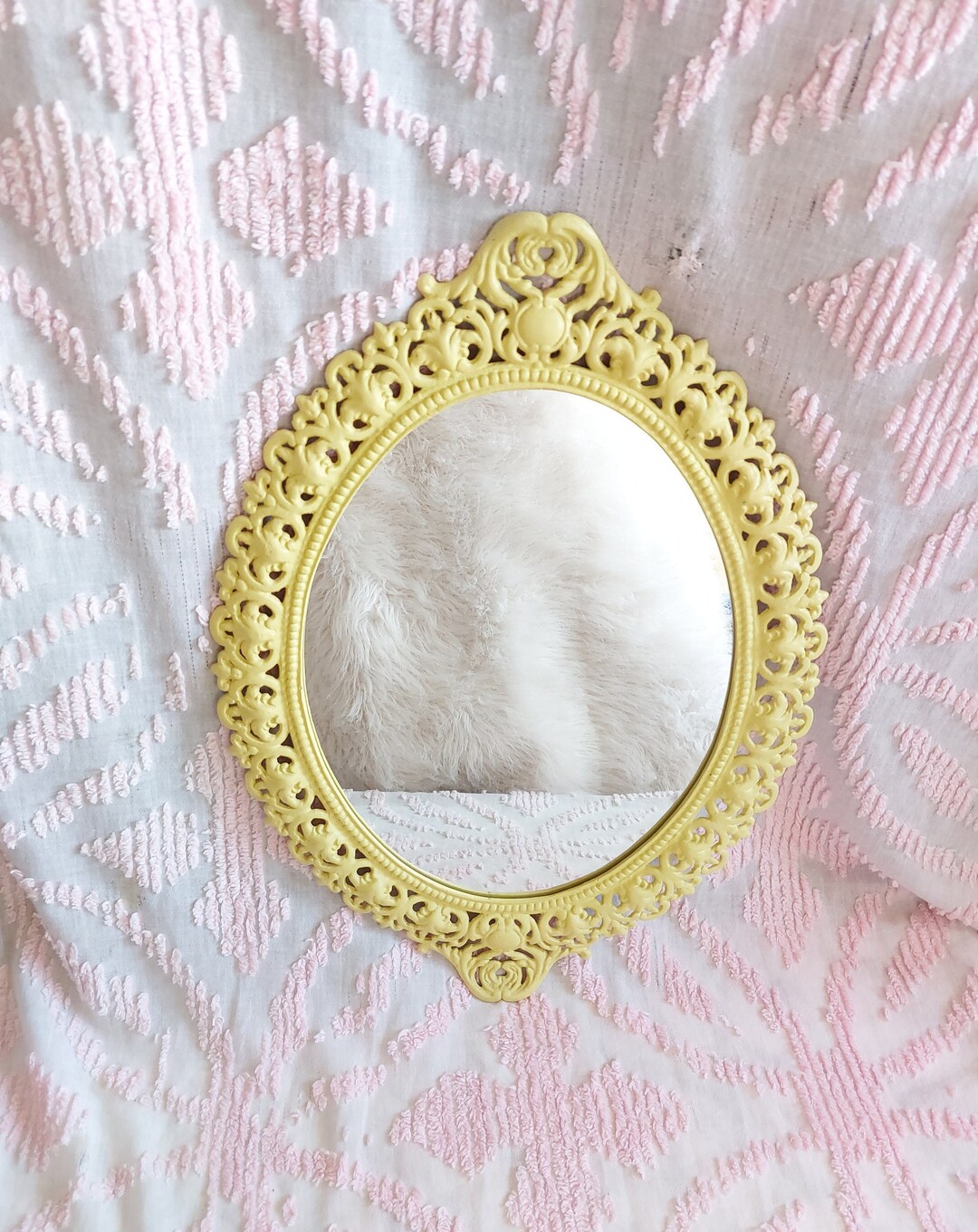 Vintage Ornate Cast Iron Vanity Mirror by Robert Emig Model 1264 Yellow