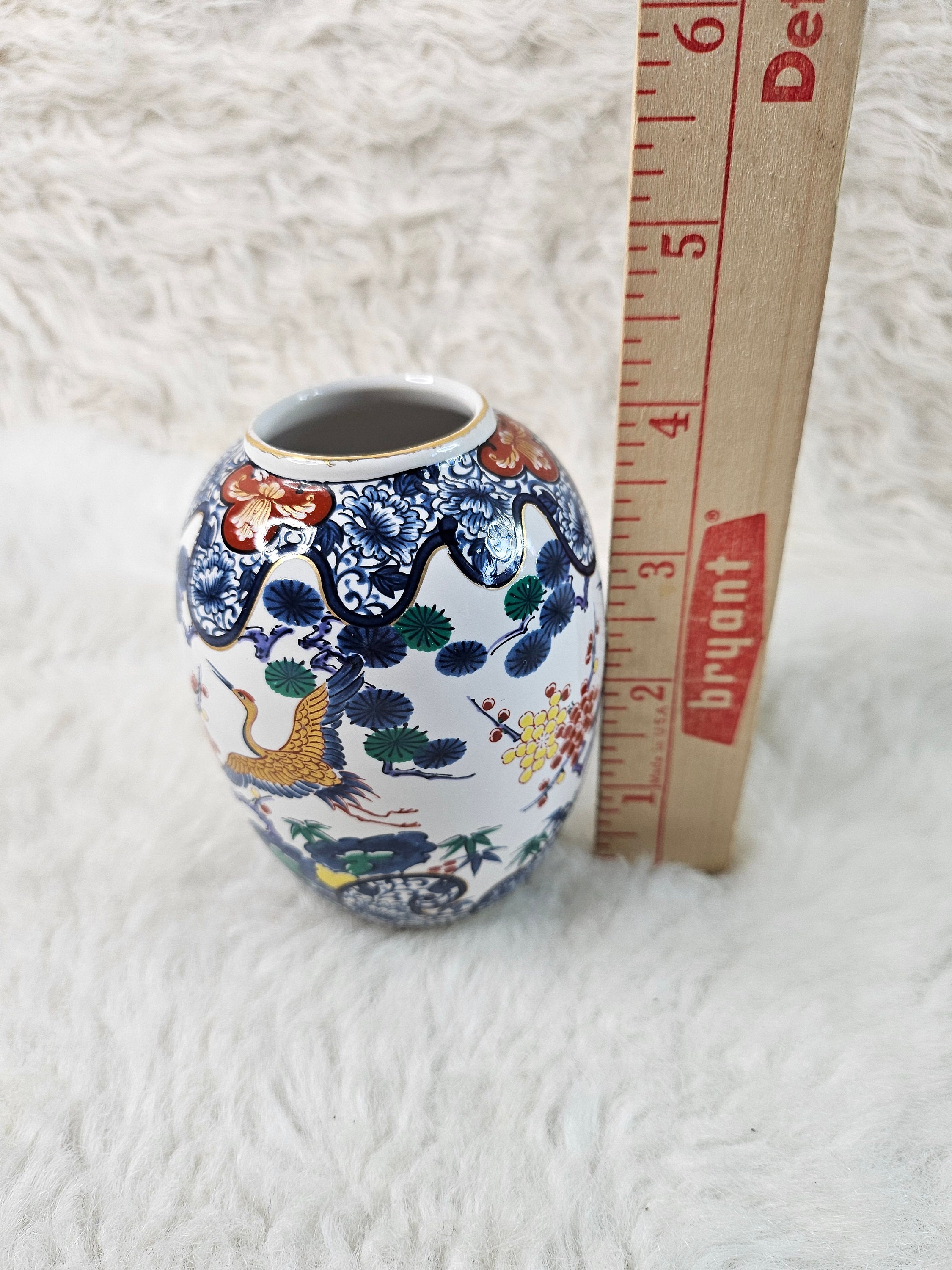 ヴィンテージ装飾磁器デザインつぼみ花瓶 - 日本製 - 鷺鶴 - 9.5 CM