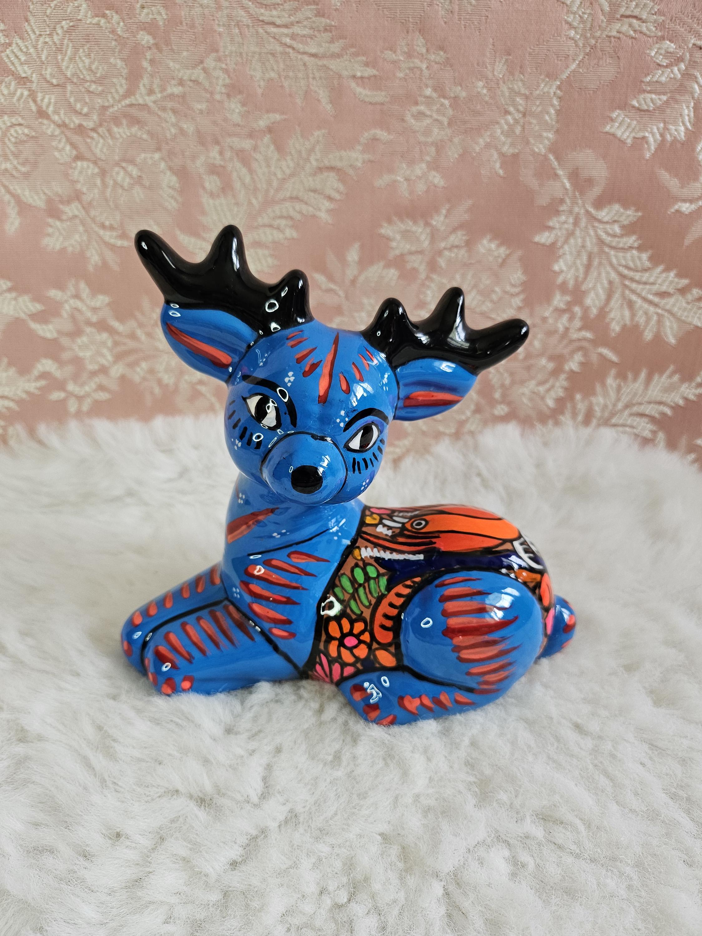 Poterie Talavera Art folklorique mexicain RENNE Floral bleu multicolore peint à la main