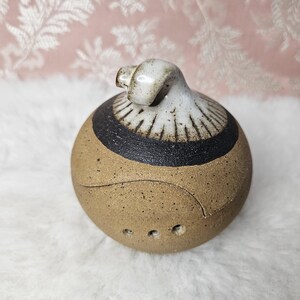 May include: A small, round, ceramic jar with a brown, black, and white glaze. The jar has a unique, curved spout and a series of small holes on the bottom.