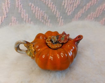 Vintage Miniature Ceramic Pumpkin Glazed Teapot Made in Florida 5"L x 3"W x 2.5"H