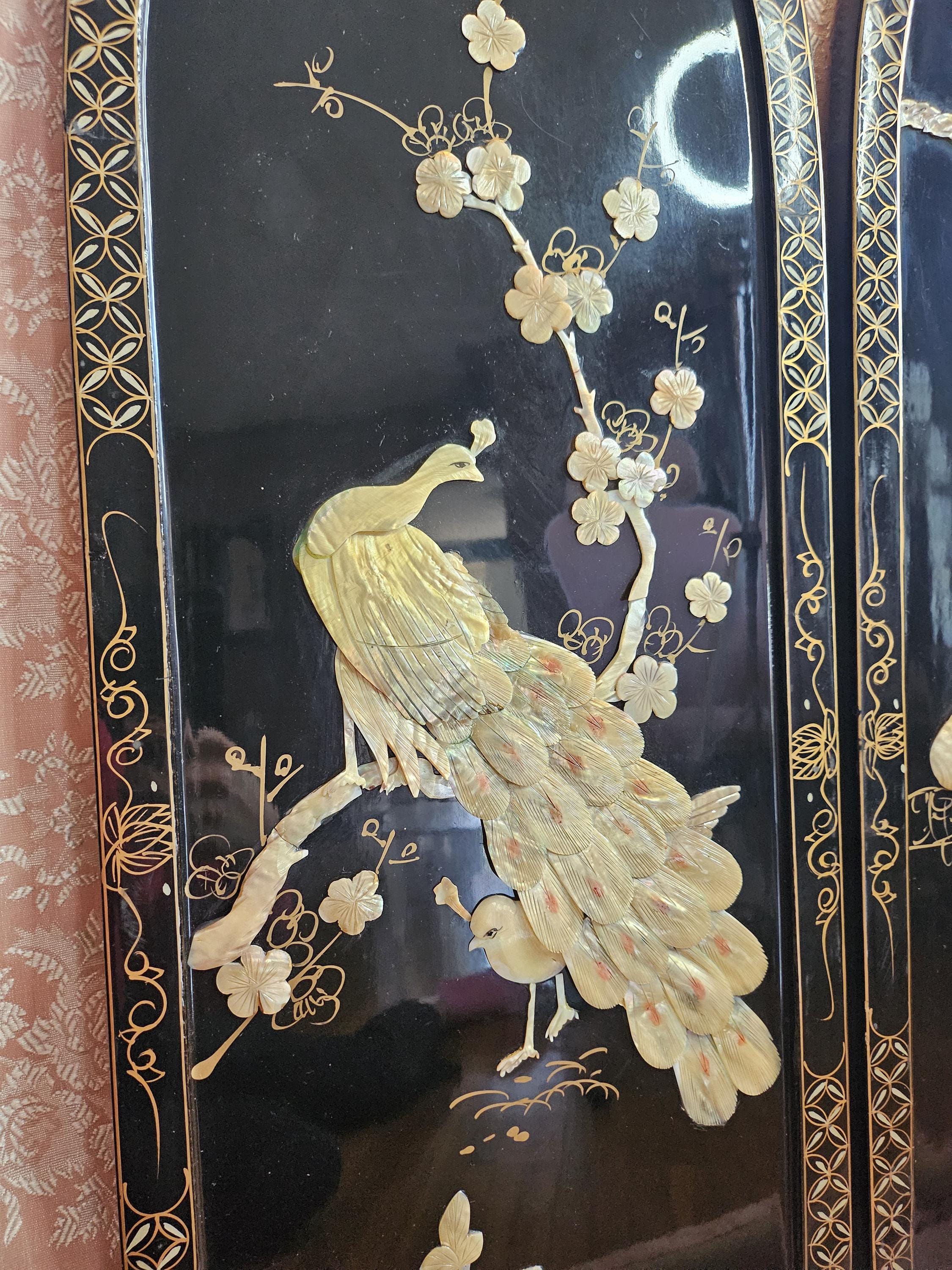 Vintage Mid Century Oriental Ivory Mother of Pearl Peacock Three