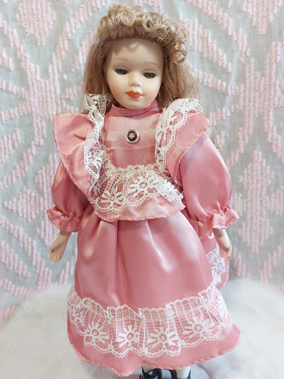 pink dress doll Vintage Porcelain Doll 16