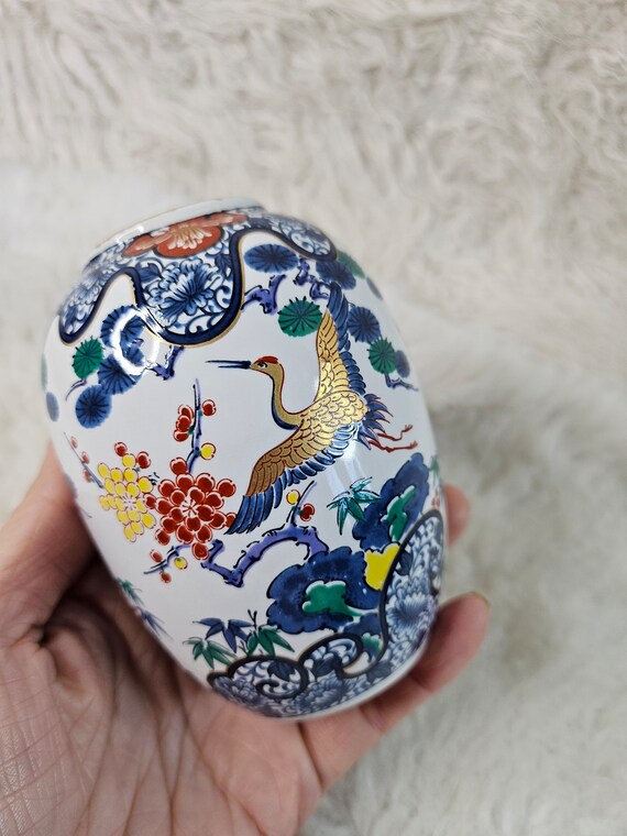 ヴィンテージ装飾磁器デザインつぼみ花瓶 - 日本製 - 鷺鶴 - 9.5 CM