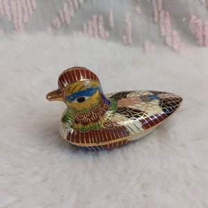 Vintage Chinese Cloisonne Hand Painted Brass Enamel Duck Bird Trinket Box