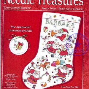 May include: A white Christmas stocking cross-stitch pattern with Santa Claus figures, snowflakes, and the name "BARBARA". Includes a matching tree skirt pattern. Finished size is 10" x 16" (25cm x 41cm). Includes a free ornament.