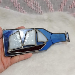 Vintage Stained Glass Suncatcher &#39;Boat in the Bottle&#39; Window Hangings 7&quot;H x 2.75&quot;W